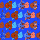  vector pattern with cute blue and  brown decorative fish. Funny multicolor background, sea texture