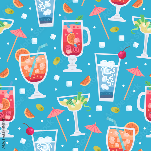 Retro alcoholic fruit cocktails seamless pattern for wallpaper design. Vintage design. Beach summer party drinks backdrop 