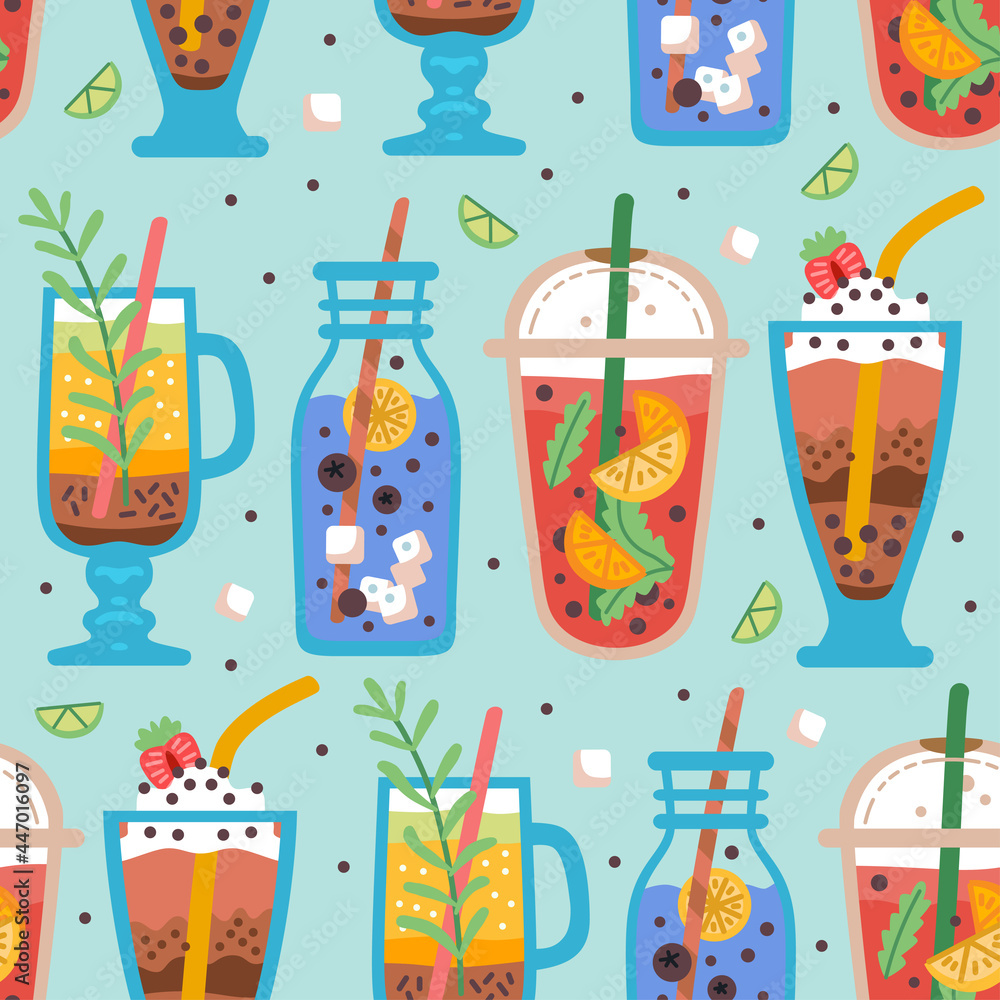 Seamless pattern with delicious vegan drinks, tasty juices or smoothies made of berries, Bubble tea cup. Vector illustration for wrapping, fabric print, wallpaper. Pearl milk tea, Taiwan milk tea Seamless pattern with delicious vegan drinks, tasty juices or smoothies made of berries, Bubble tea cup. Vector illustration for wrapping, fabric print, wallpaper. Pearl milk tea, Taiwan milk tea
