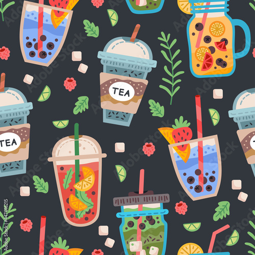 Seamless pattern with delicious vegan drinks, tasty juices or smoothies made of berries, Bubble tea cup. Vector illustration for wrapping, fabric print, wallpaper. Pearl milk tea, Taiwan milk tea