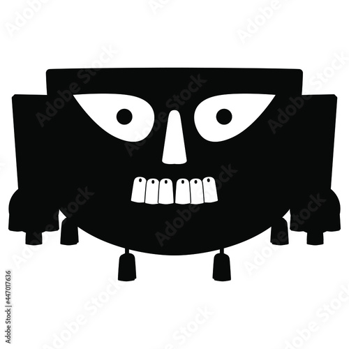 Stylized human face or mask. Ancient Peruvian tribal motif. Black and white silhouette. Native American pre Columbian art.