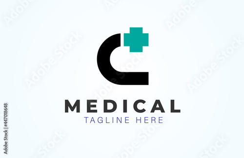 Medical logo, letter C with medical cross combination, flat design logo template vector