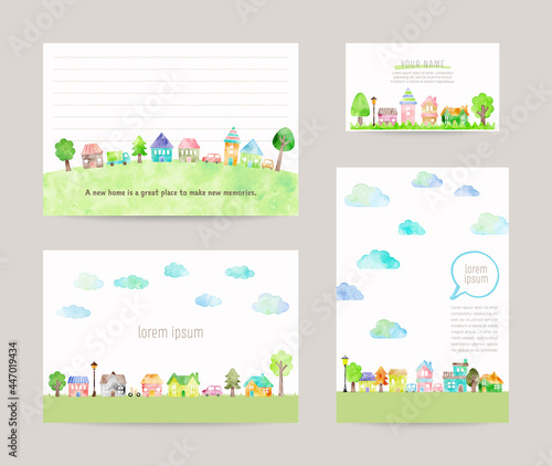 Set of cute vector house illustrations, templates for card, business card