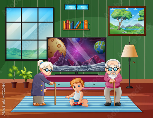 Grandparents with their grandchildren in the living room illustration