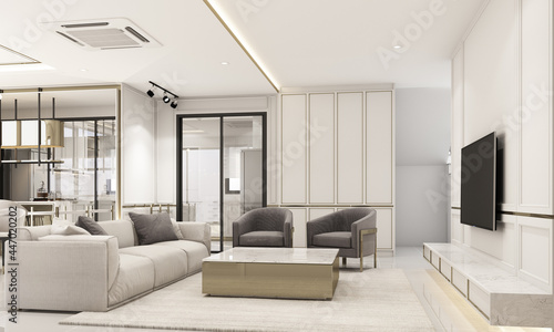 interior design modern classic style of living area with white marble and gold texture and white furniture set 3d rendering interior © Jokiewalker