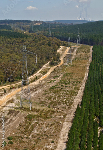 powerlines cut across the Victorian countryside towards the Loy Yang Power Station. photo