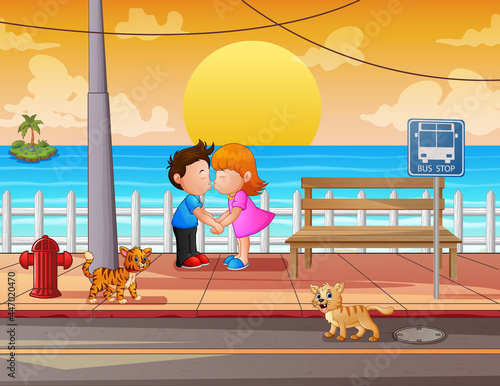 Cartoon a couple kissing with beach view