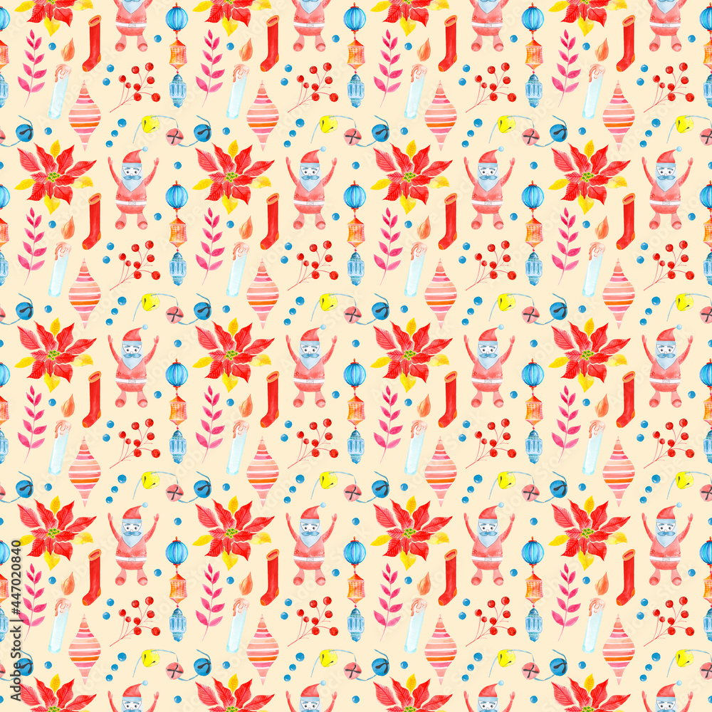 Seamless raster watercolor pattern of Christmas and New Year symbols. Elements and items of the holiday on the brown background.