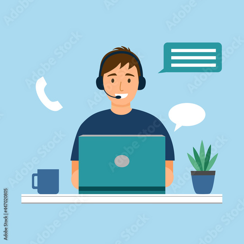 Customer service, call center, customer support concept vector illustration. Man staff working with laptop computer. Gamer or freelancer.