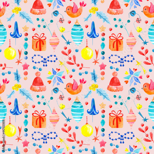 Wallpaper Mural Seamless raster watercolor pattern of Christmas and New Year symbols. Elements and items of the holiday on the pink background. Torontodigital.ca