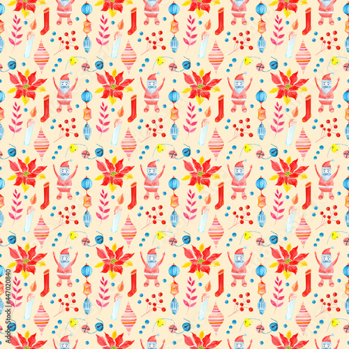 Seamless raster watercolor pattern of Christmas and New Year symbols. Elements and items of the holiday on the brown background.