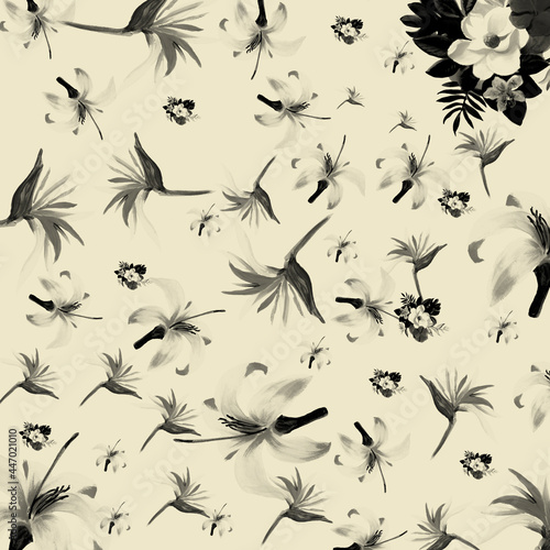 White Pattern Vintage. Black Tropical Design. Gray Floral Background. Decoration Design. Floral Art. Summer Leaf. Spring Foliage. Wallpaper Painting. © Surendra