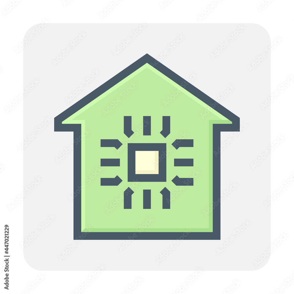 Smart home or home automation vector icon consist of home or house and microchip. Technology processor to monitoring, control system of electricity, energy, security i.e. thermostat, camera. 48x48 px. Smart home or home automation vector icon consist of home or house and microchip. Technology processor to monitoring, control system of electricity, energy, security i.e. thermostat, camera. 48x48 px.
