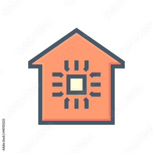Smart home or home automation vector icon consist of home or house and microchip. Technology processor to monitoring, control system of electricity, energy, security i.e. thermostat, camera. 48x48 px.