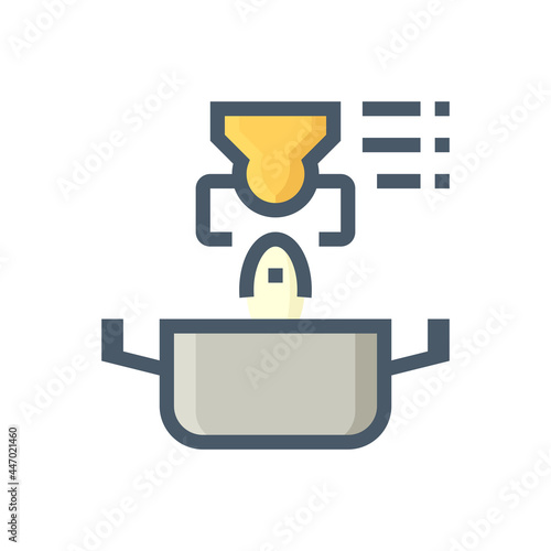 Robot cooking vector icon. Consist of robotic hand, fish and pot. Automated chef or machine for food service, processing, production or manufacturing in kitchen, restaurant and factory plant. 48x48 px