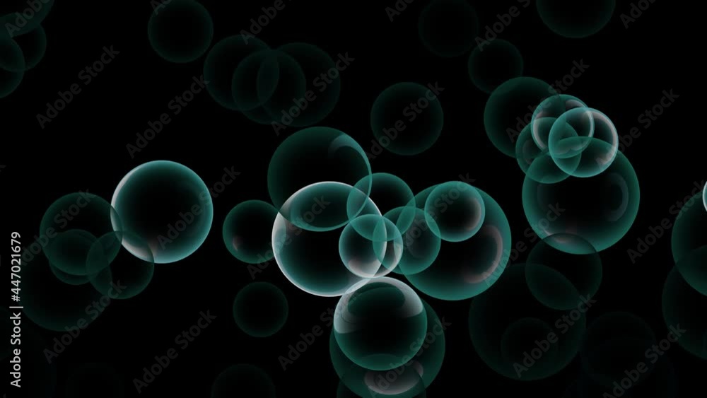 Perfectly circular transparent bubbles move straight up. Abstract 3D rendering animation in black background. Perfectly circular transparent bubbles move straight up. Abstract 3D rendering animation in black background.