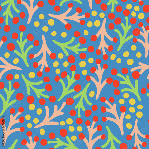 Blue background with lime green and pink branch with berries seamless pattern background design.