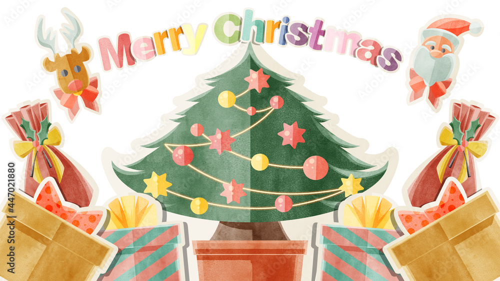 クリスマスプレゼントとクリスマスツリーの手書き水彩風イラスト