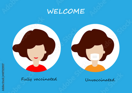 Face mask not required for fully covid-19 vaccinated and required in unvaccinated banner. Vector illustration of woman smiling without mask.