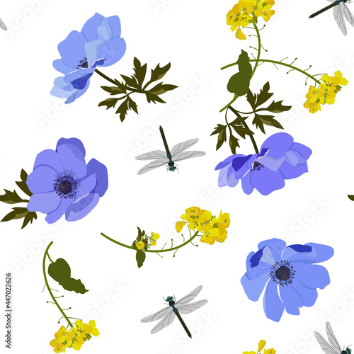Obraz na plátně Seamless vector illustration with wild flowers and dragonflies on a white background