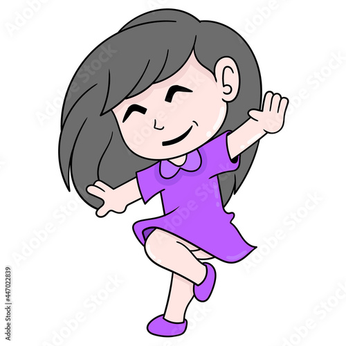 beautiful girl in dress is jumping with joy, doodle icon image kawaii