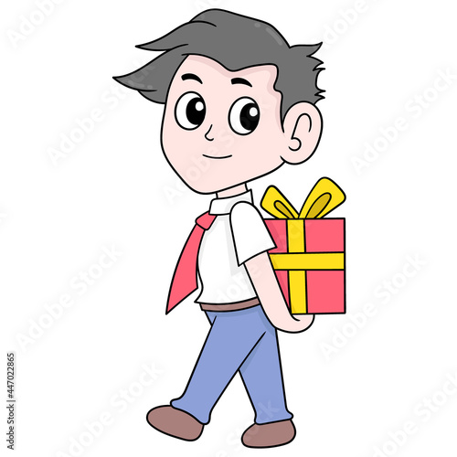 boy is walking carrying a gift on his back for a surprise, doodle icon image kawaii