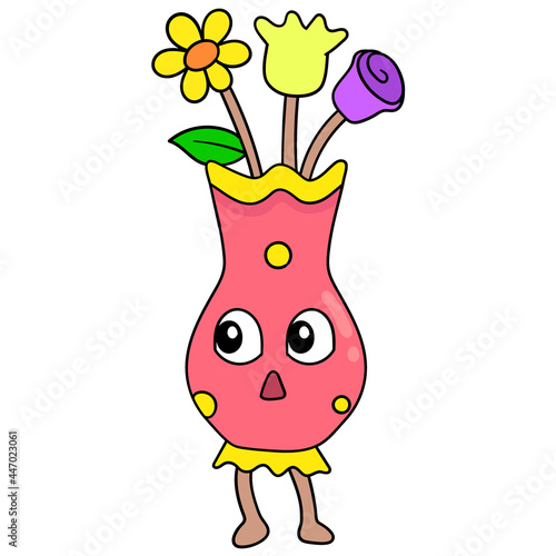 beautiful blooming flower vase for decoration, doodle icon image kawaii