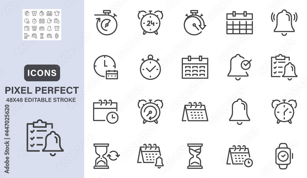Time and calendar line icons set. Contains such icons as timer, alarm, hourglass, calendar, smart watch. 48x48 pixel perfect web elements. Editable stroke.