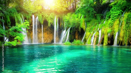 Seamless Loop Cinemagraph video of waterfall landscape in Plitvice Lakes Croatia in springtime . Tranquil nature scenery for relaxation background .