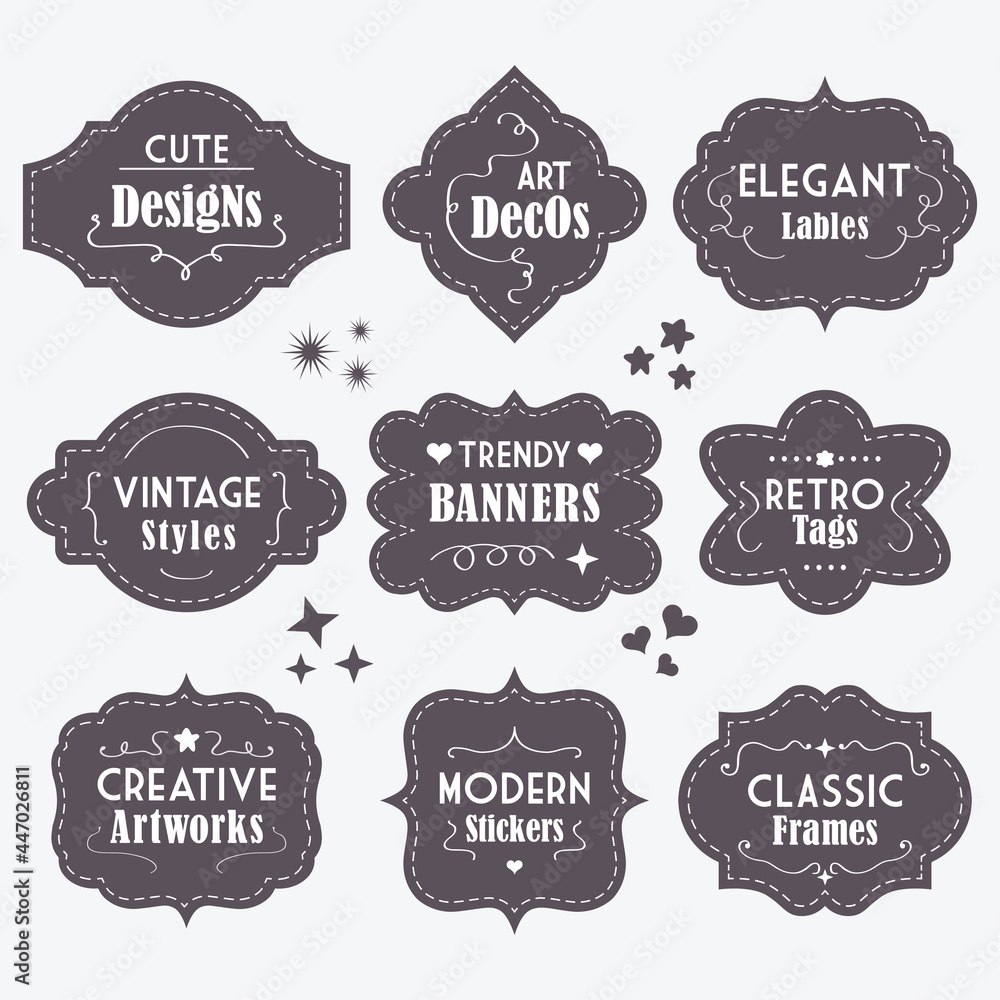 Cute black vintage and modern different shapes banners and message boards with dashed borders design elements set on off white background