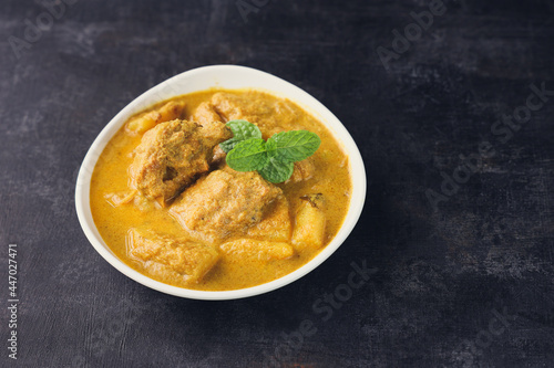 Chicken curry with thick coconut milk and potato gravy in Kerala India. Indian curry
