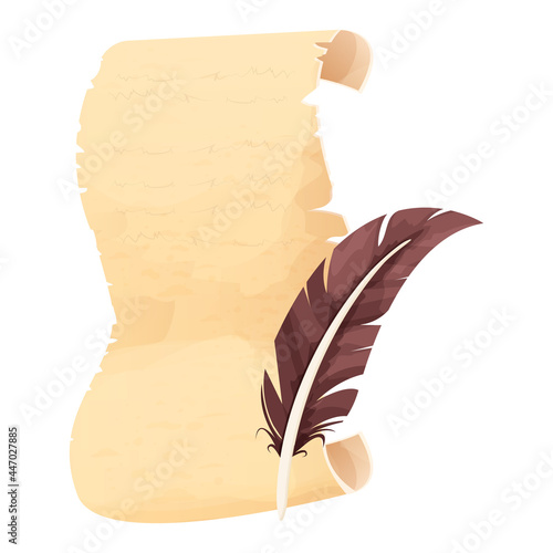 Old scroll of parchment, papyrus and feather pen in cartoon style isolated on white background. Empty frame, decoration, antique manuscript. 