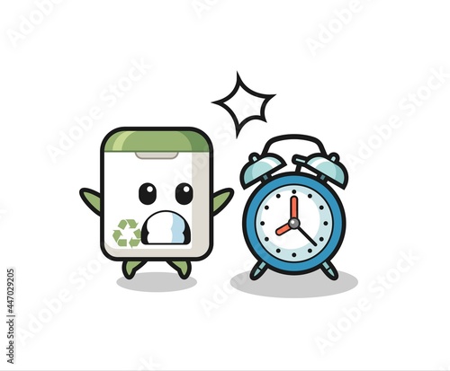 Cartoon Illustration of trash can is surprised with a giant alarm clock