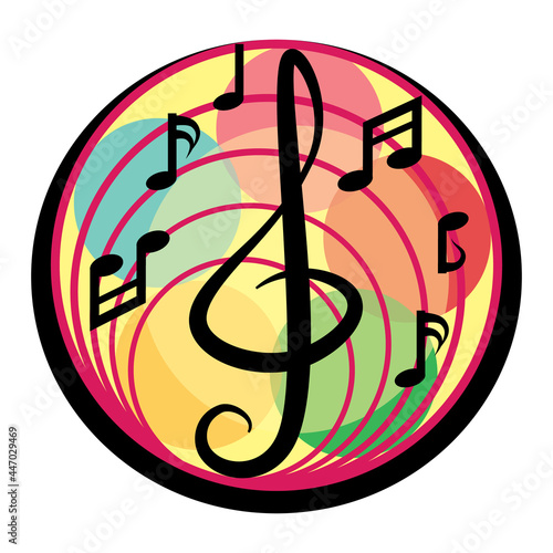 Music emblem, treble clef and musical notation on a multicolored background in the round shape, flat design, vector illustration.