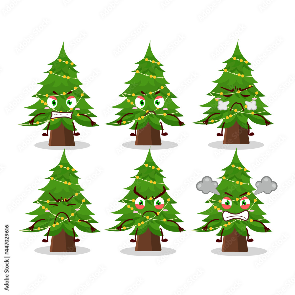 Christmas tree cartoon character with various angry expressions