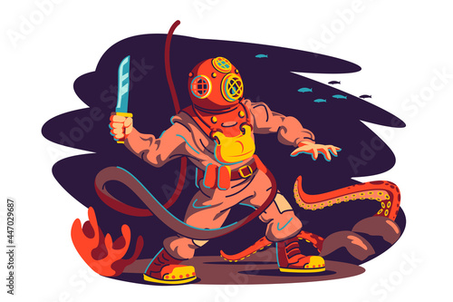 Scuba diver man and octopus