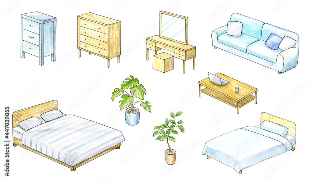 上から見た家具の水彩イラスト セット Stock Vector Adobe Stock
