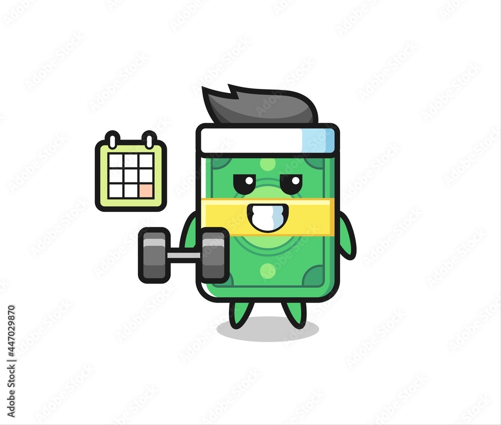 money mascot cartoon doing fitness with dumbbell