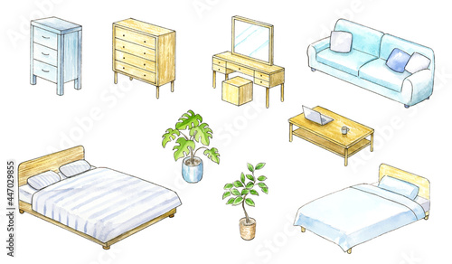上から見た家具の水彩イラスト　セット