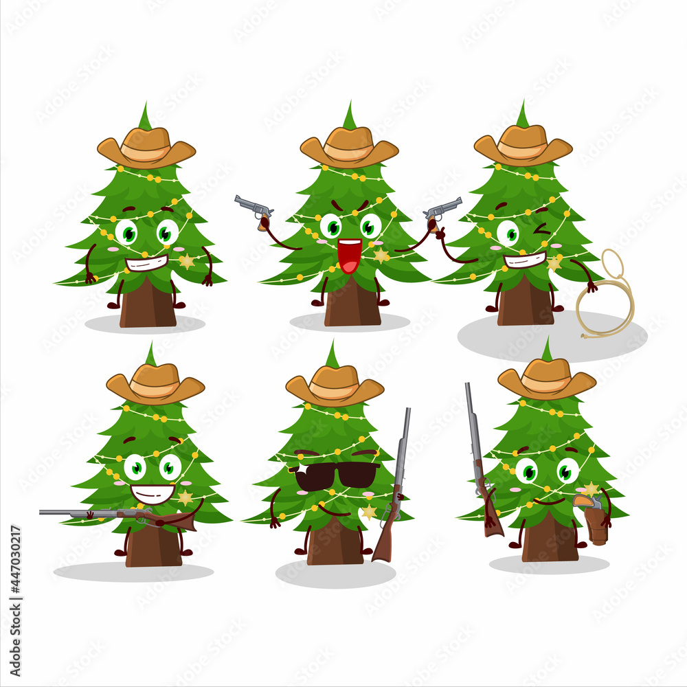 Cool cowboy christmas tree cartoon character with a cute hat