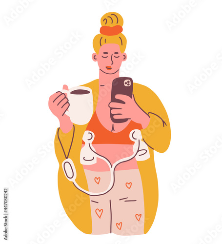 Modern mother using electric breast pump while drinking coffee or tea and being on her phone. Breastfeeding concept. Flat hand drawn vector illustration