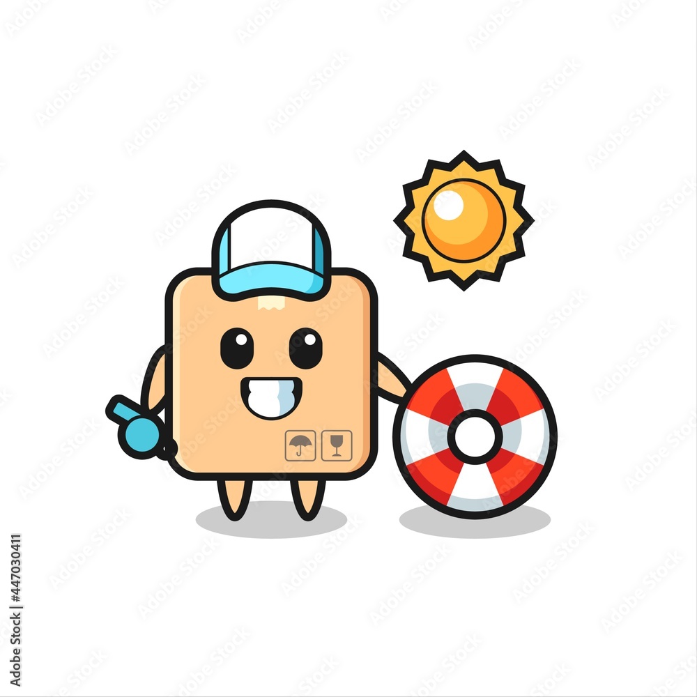 Cartoon mascot of cardboard box as a beach guard