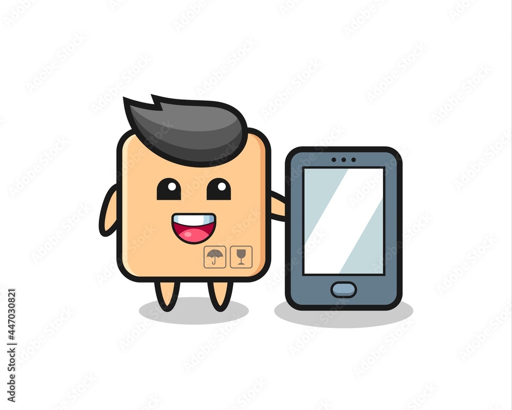 cardboard box illustration cartoon holding a smartphone