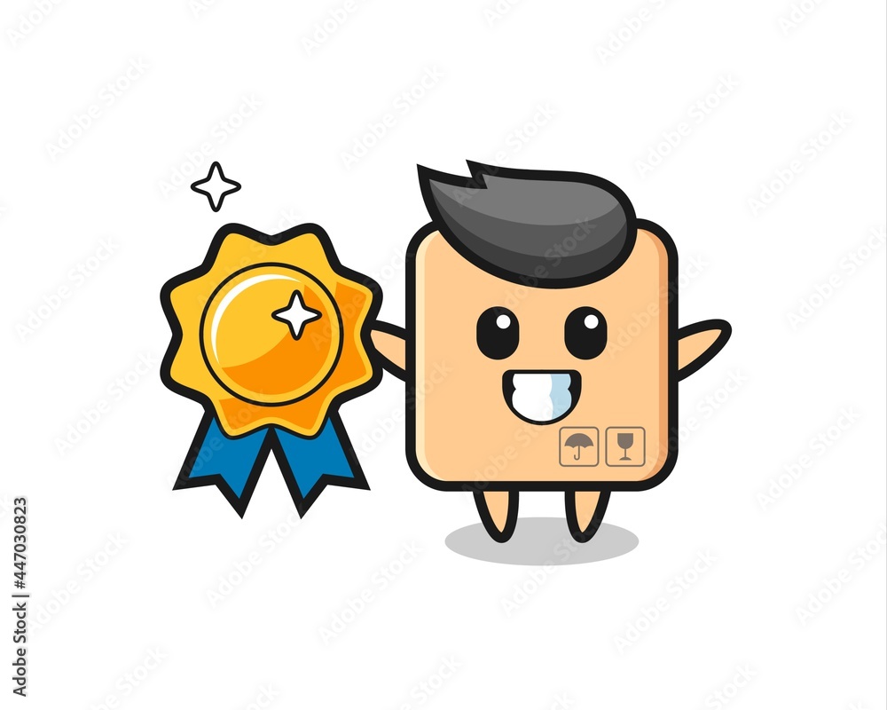 cardboard box mascot illustration holding a golden badge