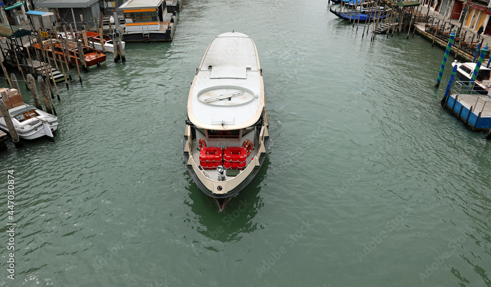 vaporetto in the Grand Canal in Venice without boats due to the lockdown vaporetto in the Grand Canal in Venice without boats due to the lockdown