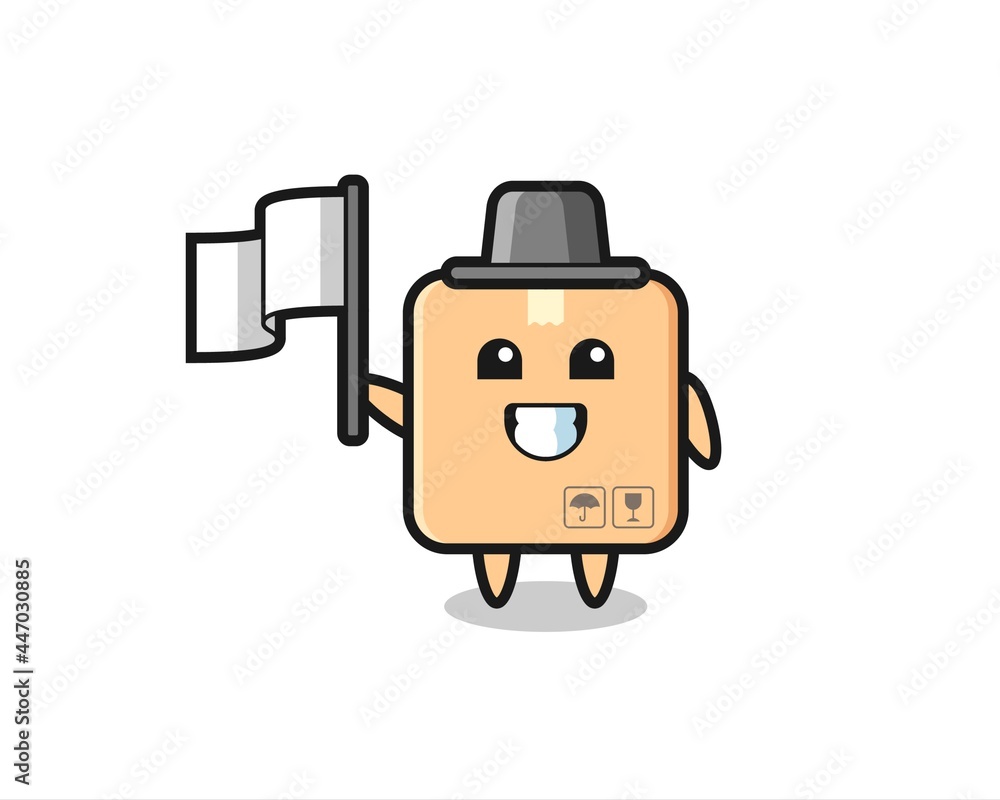 Cartoon character of cardboard box holding a flag Cartoon character of cardboard box holding a flag