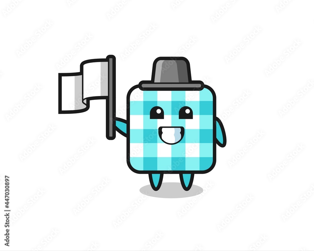 Cartoon character of checkered tablecloth holding a flag Cartoon character of checkered tablecloth holding a flag