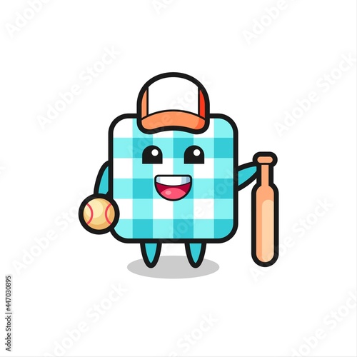 Cartoon character of checkered tablecloth as a baseball player