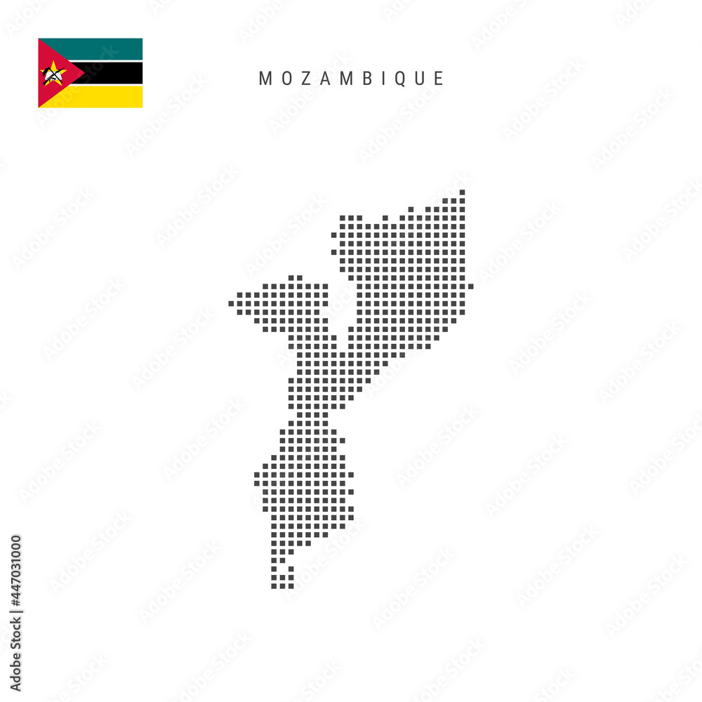Obraz premium Square dots pattern map of Mozambique. Mozambican dotted pixel map with flag. Vector illustration