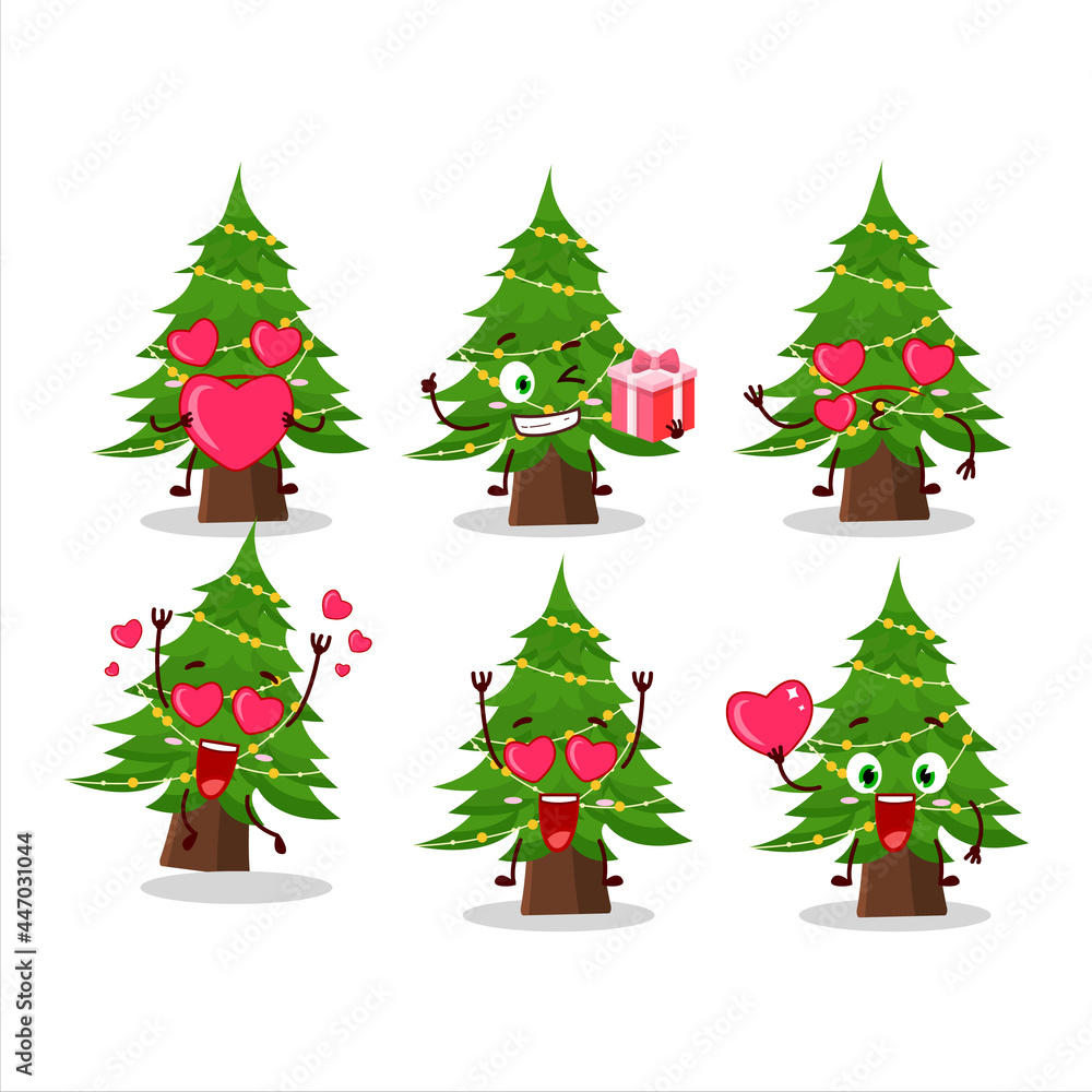 Christmas tree cartoon character with love cute emoticon
